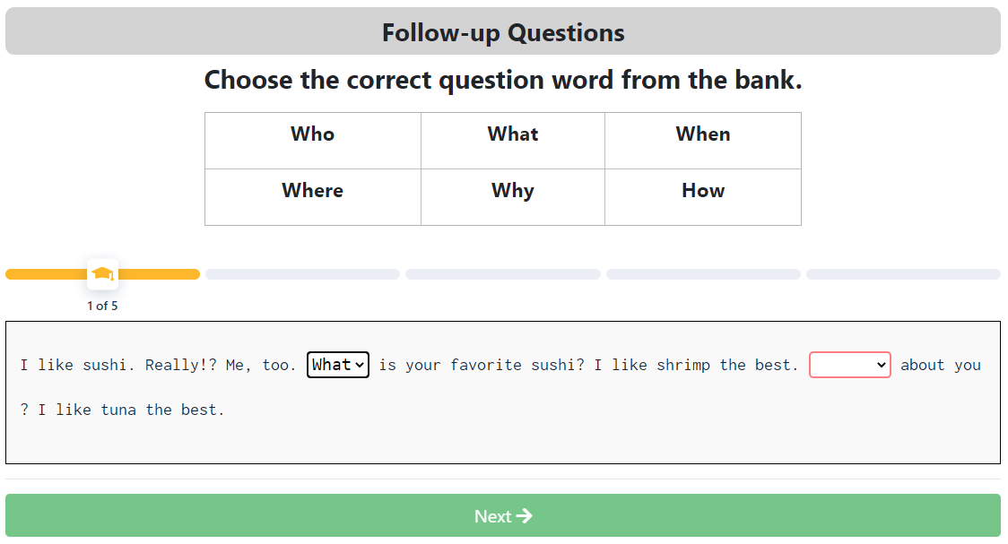 Banked answer gap fill activity example.