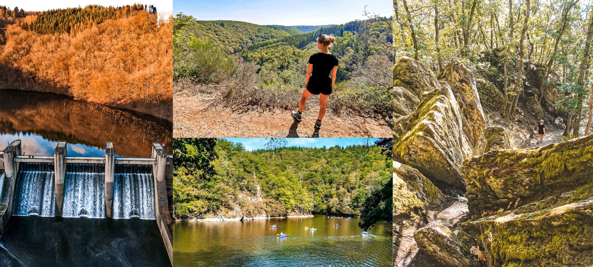 Image collage of a female hiker exploring Barrage de Nisramont, Belgium