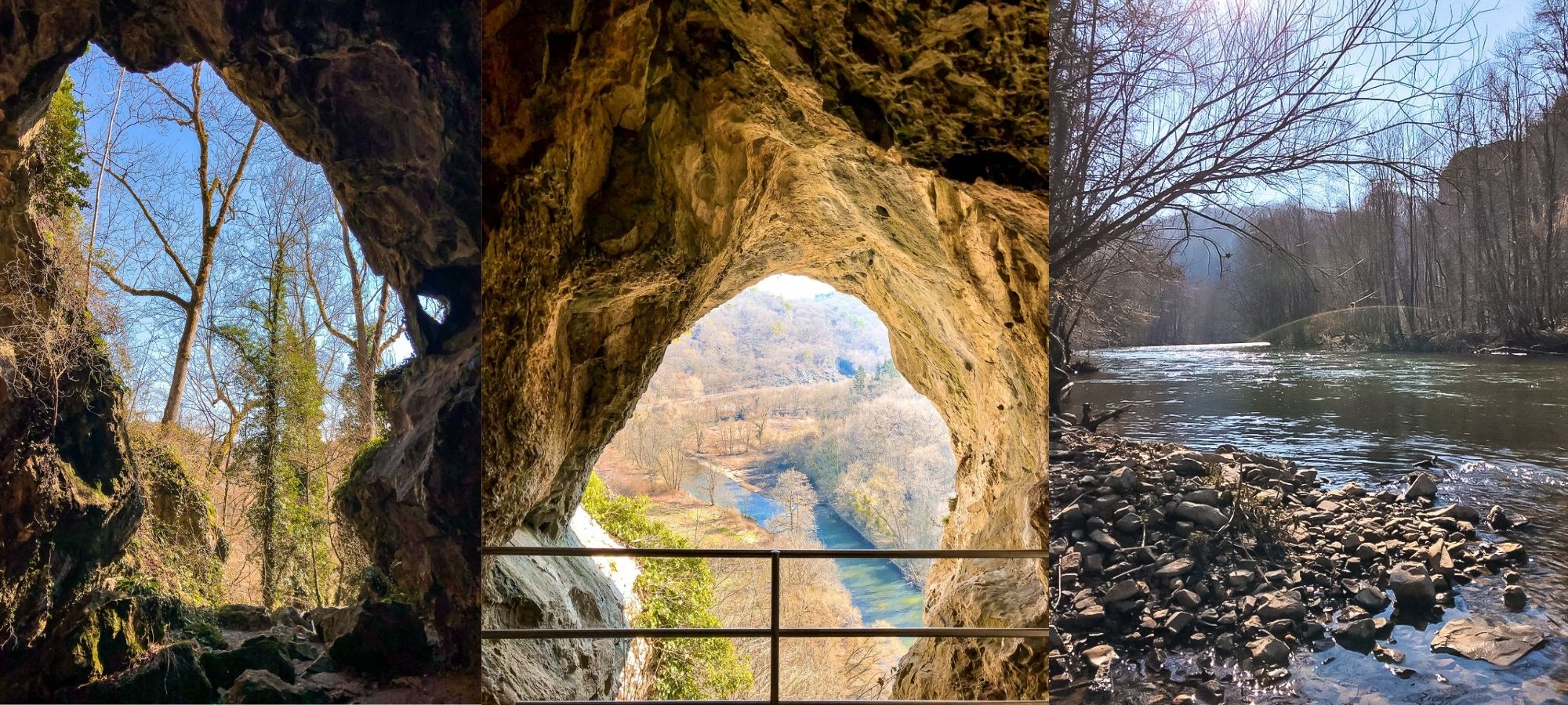 Left & Middle: view from the caves of Park Furfooz. Right: rocks in a river.