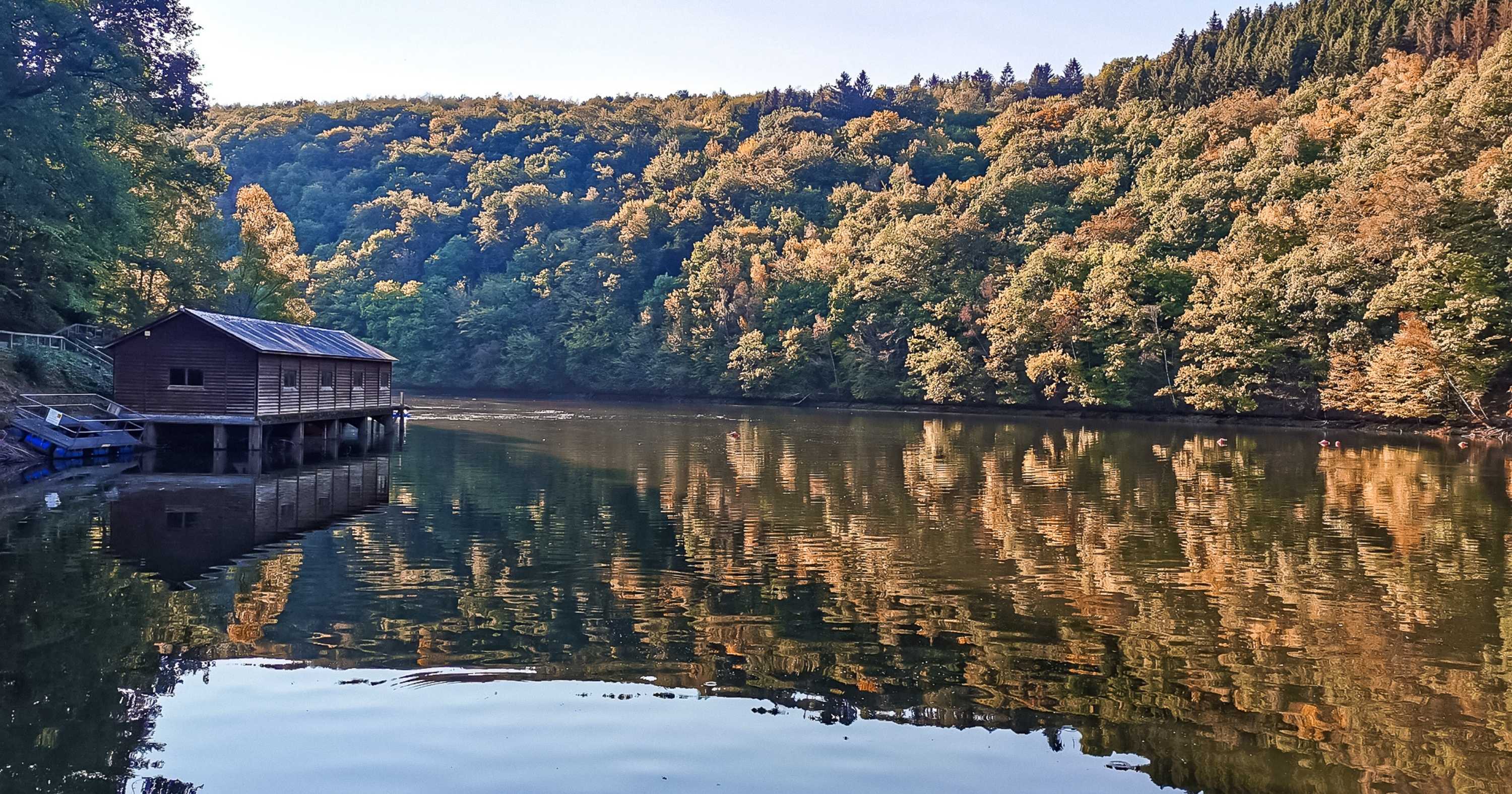 A wooden hut on Lake Nisramont near La Roche-en-Ardenne, Belgium