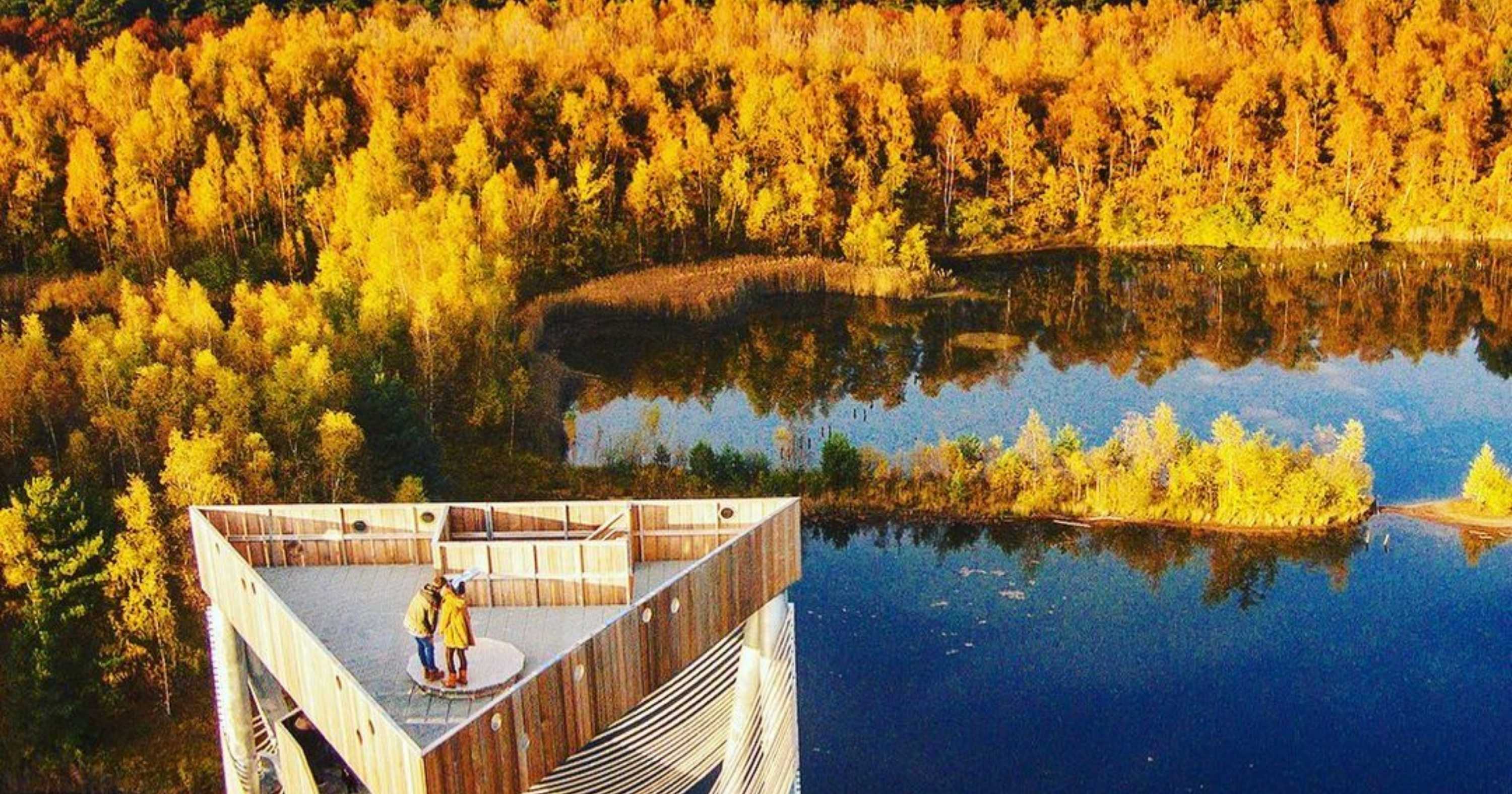 Two people standing at the top of an observation tower surrounded by trees and a lake at Sahara Lommel, Belgium