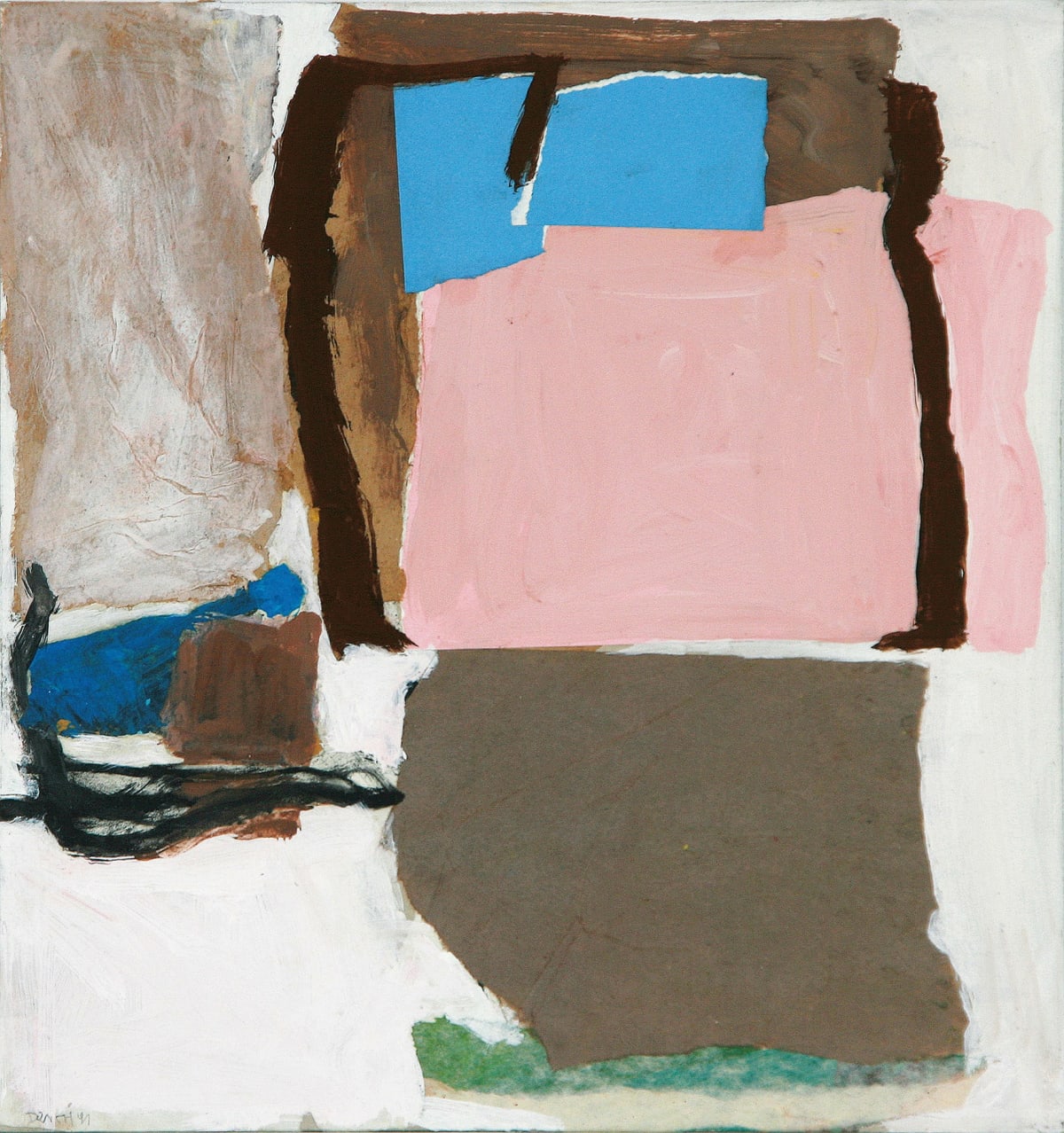 wilhelm drach, artist, artwork collage on paper with shapes predominant color is pink and brown tones
