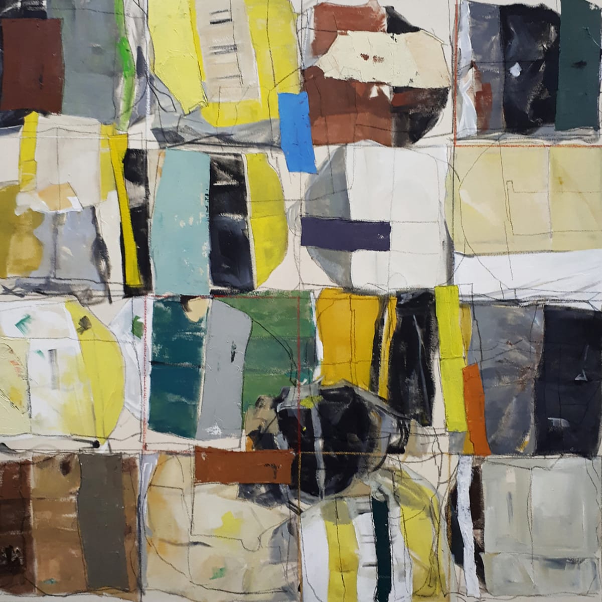Thomas koch, artist, showing mixed media and shapes on canvas in brown tones