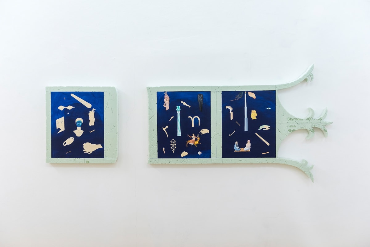 antroporary, paintings framed by a light green frame that looks like a headboard with a cut out pattern at the end.