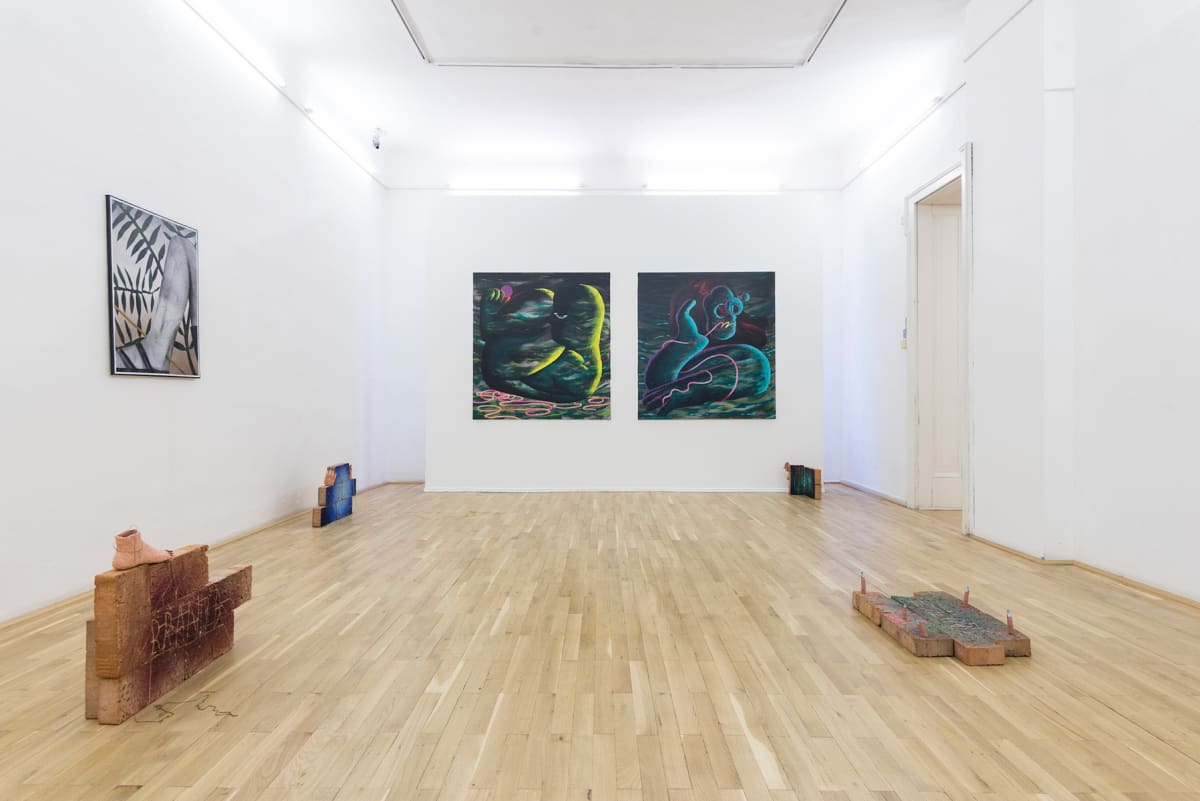 antroporary, group, exhibition, we see a room with art hanging from the wall and scultures and installations on the floor