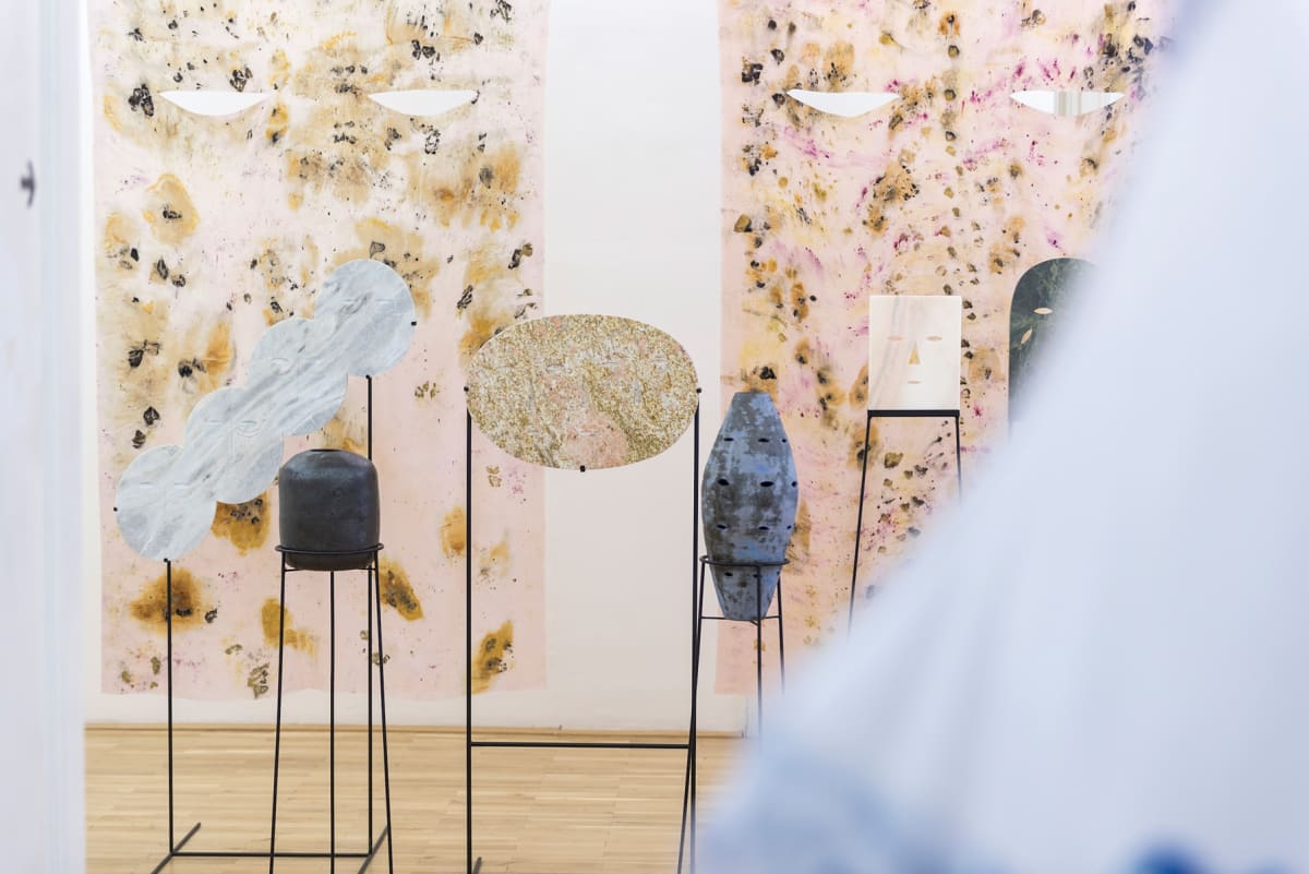 viewing room, michal stolarik, mooth shaped stone scultures on pedastols