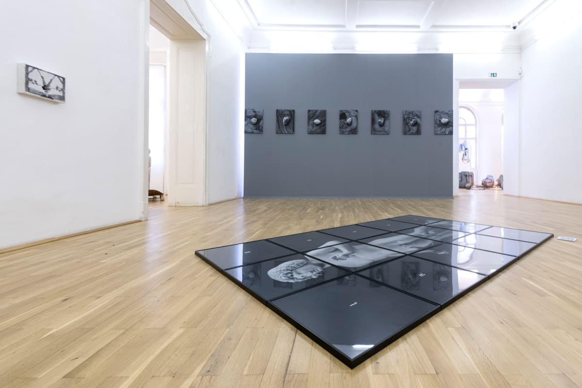 Image shows 7 images on a dark grey wall each with a stone in the middle over the picture. On the floor there is an installation.