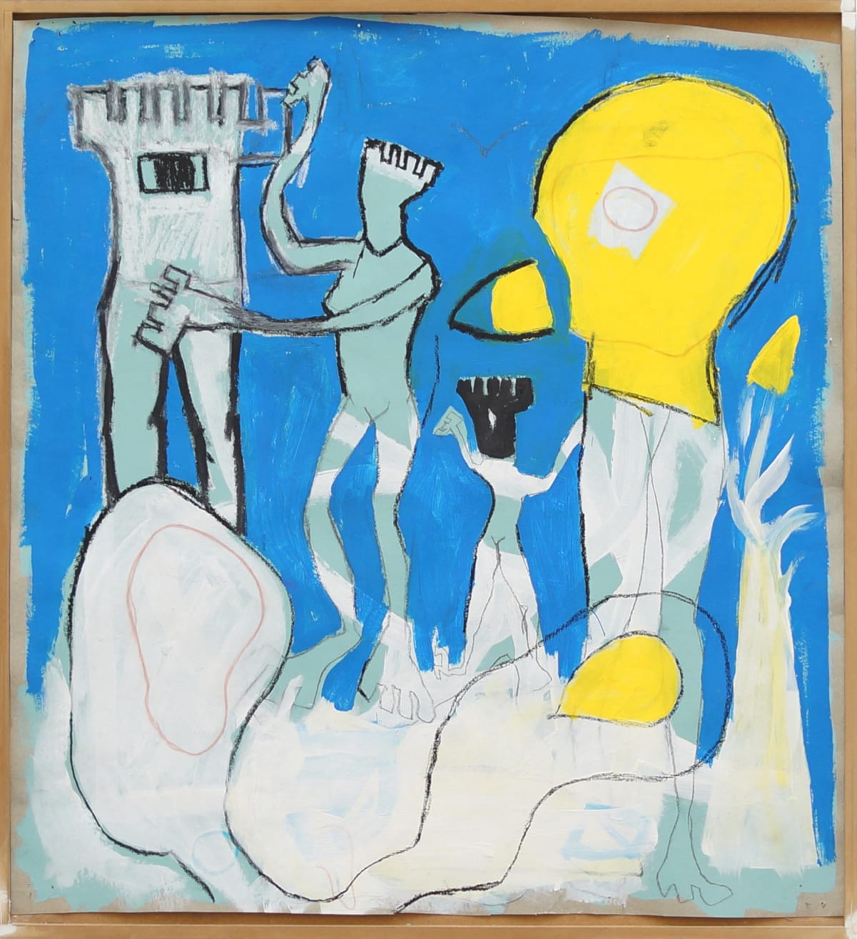 ernst koslitsch shows an artwork with two figures a duck a tower in blue white and yellow