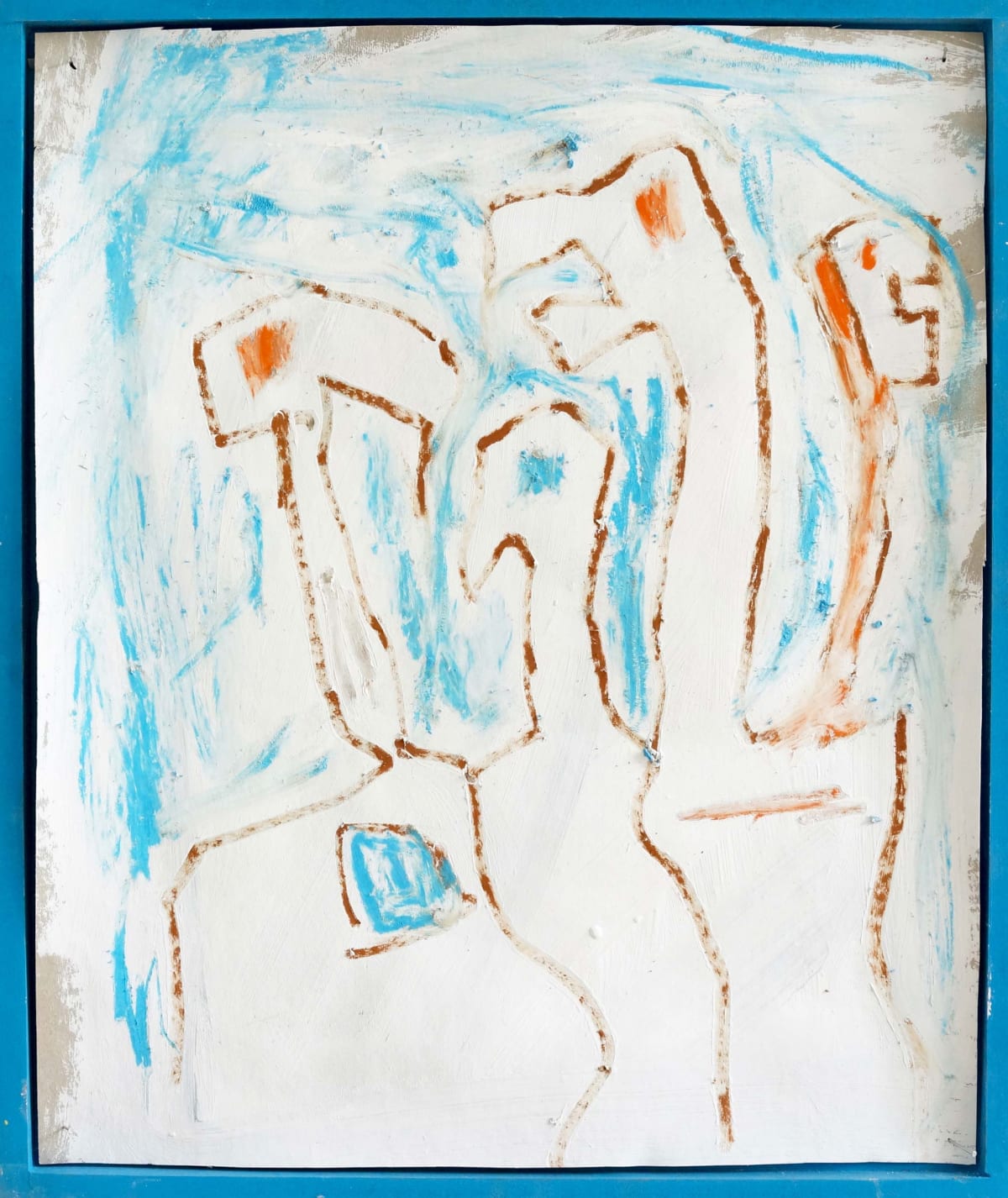 ernst koslitsch artwork shows a painting of a 4 headed creature framed in a blue wooden frame