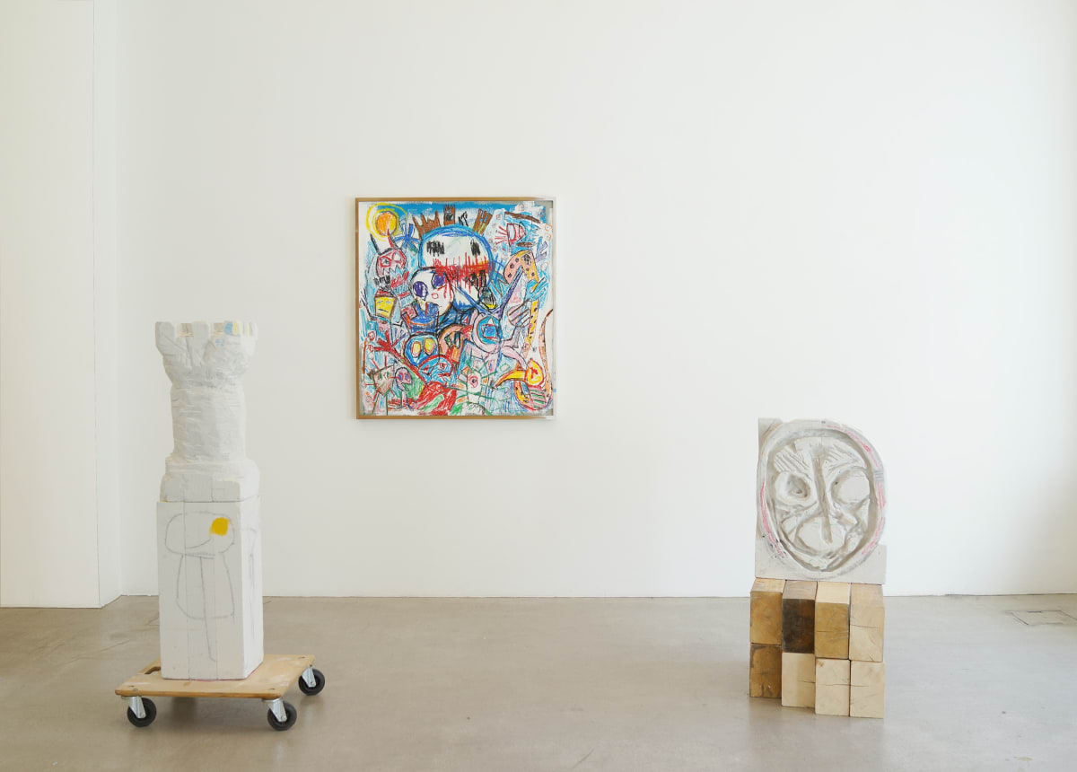 ernst koslitsch at raum mit licht gallery exhibition showing 2 wooden sculptures and a colorful painting