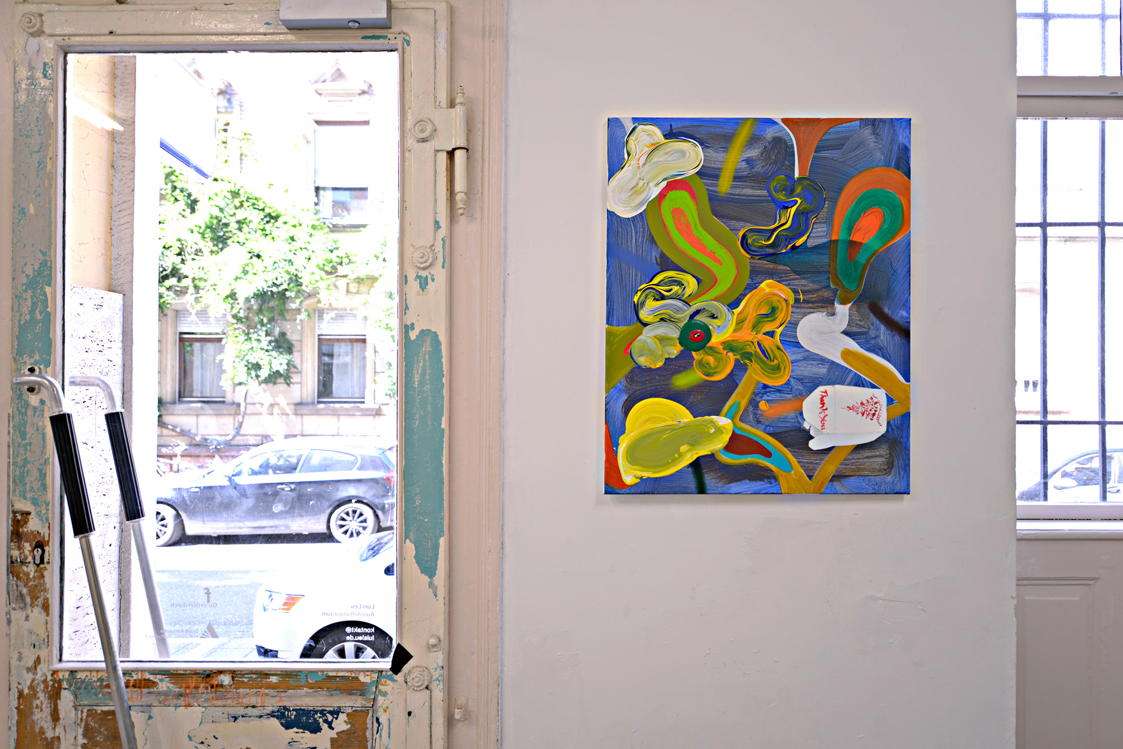 mathis pauer, in his studio, contemporary art, painting on wall, view outside