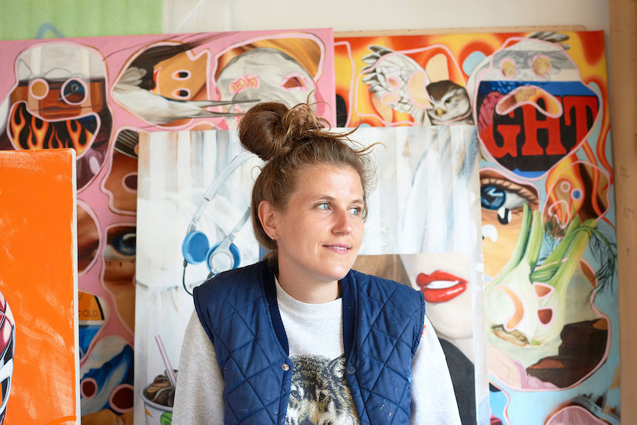 featured artist spotlight, bex massey in her studio, female artist portrait, eyes on