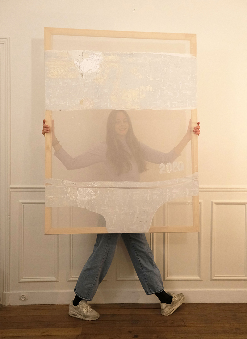 karo kuchar, artist portrait, yellow, with her contemporary artwork