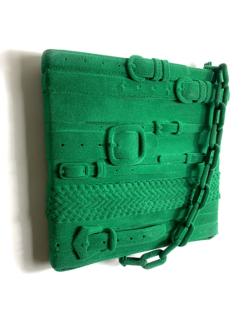 noah kashiani, contemporary sculpture, green, handbag,old belts,