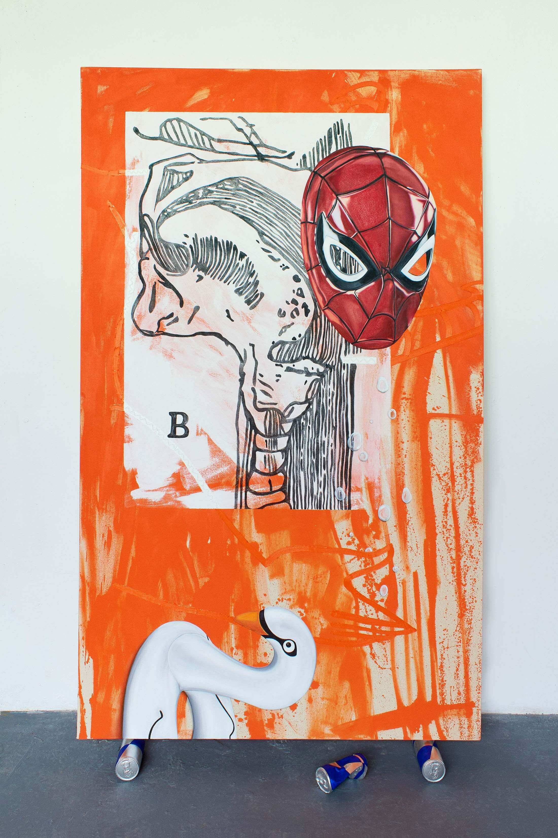 god complex, spiderman in art, comic, emerging, artwork, red bull, orange, mixed media,