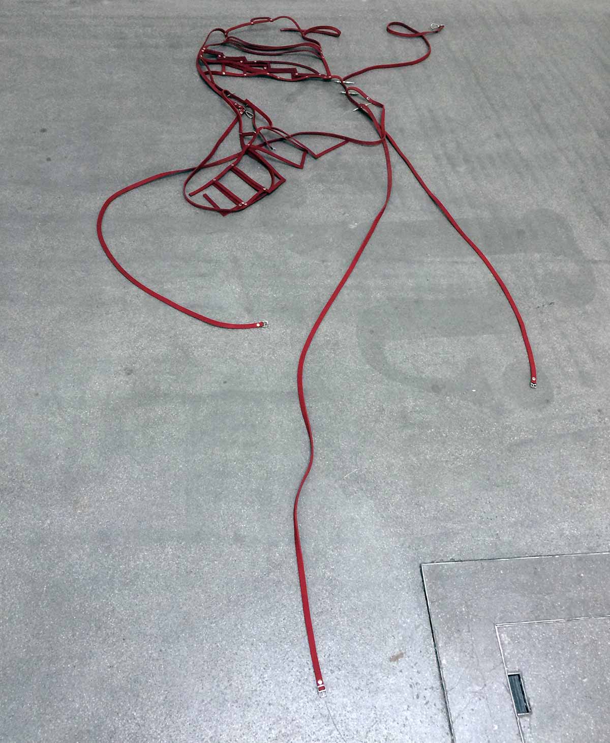 red leather, artwork, gallery platform vienna, klaus pamminger, rivets, buckles, carabiner, eyebolt
