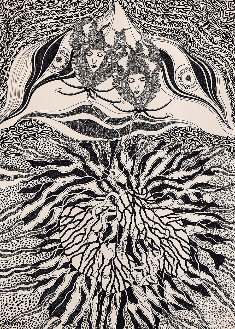 female, explosive kaleidoscope, animals, furniture, mirrors, gothic