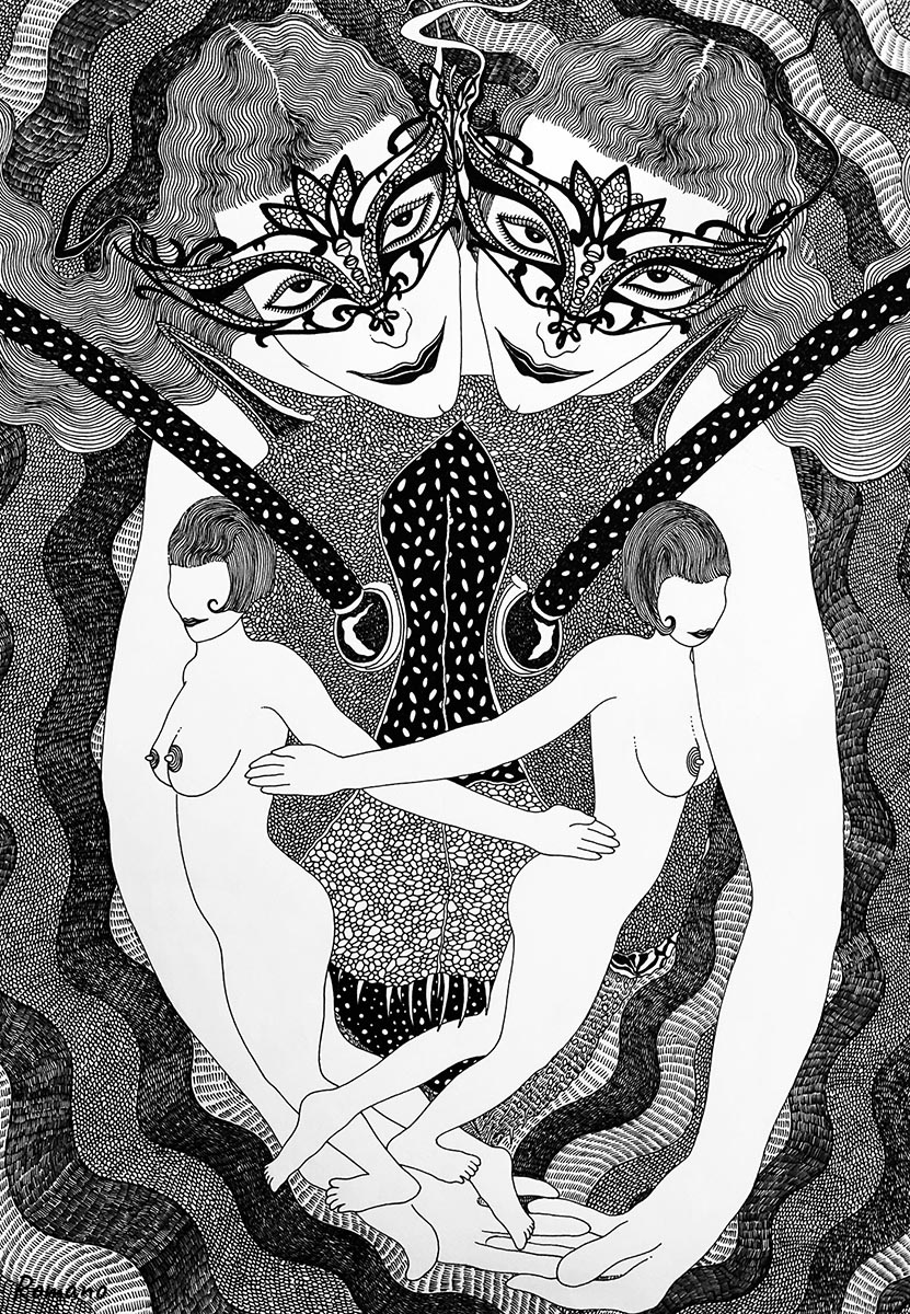contemporary drawings, ink on paper originals, sisters, twins