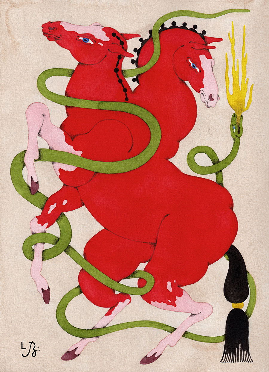 lou benesch, myhological creatures, painting, red,
