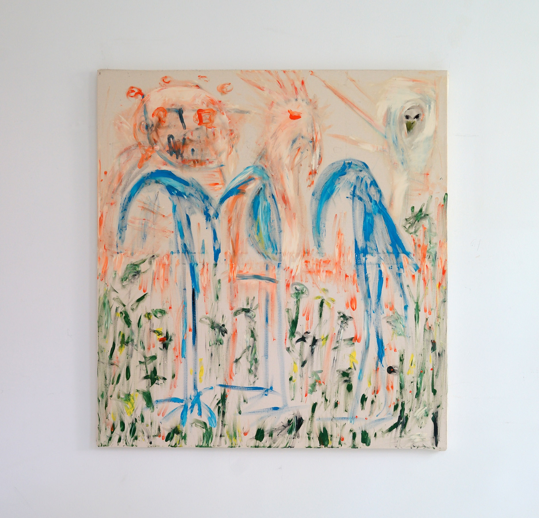 contemporary finger painting, abstracted, figurative modern art, orange, blue and green