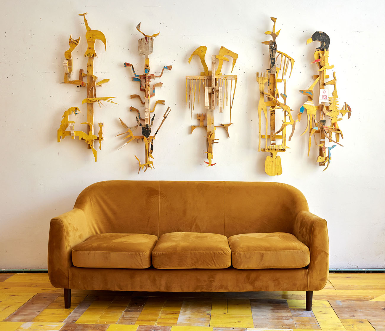 holy sticks, sculptural wall pieces, yellow