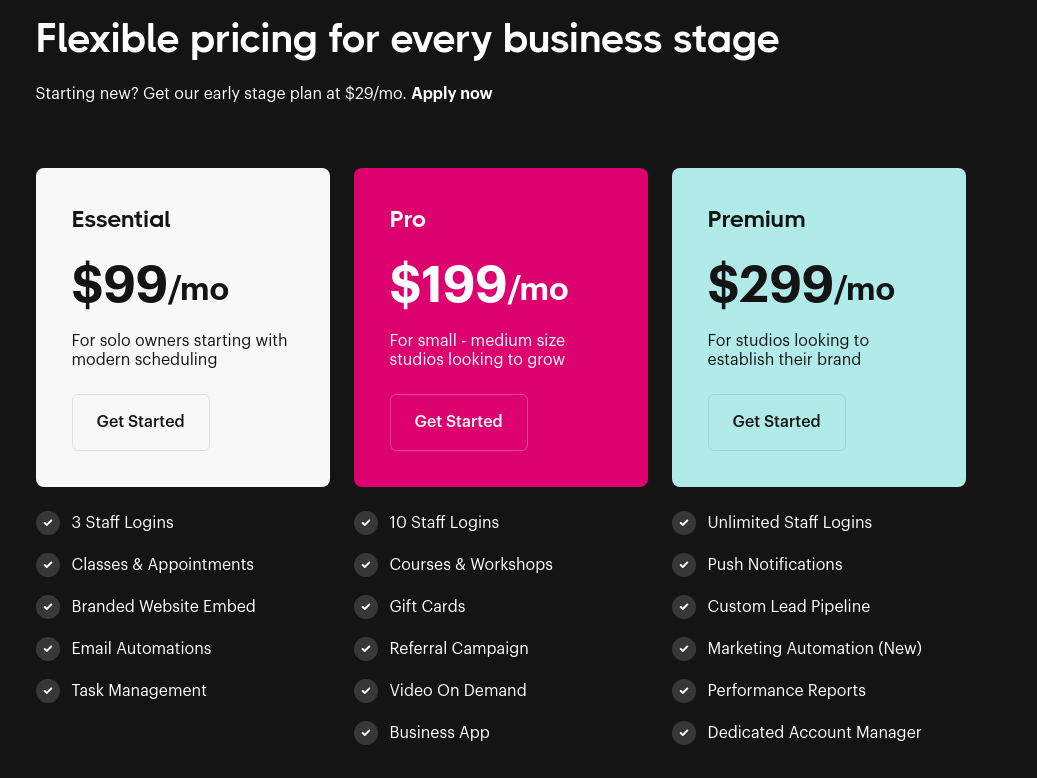 Bookee’s pricing options for multiple fitness business tiers.