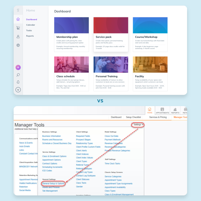 Bookee's business dashboard compared to Mindbody.