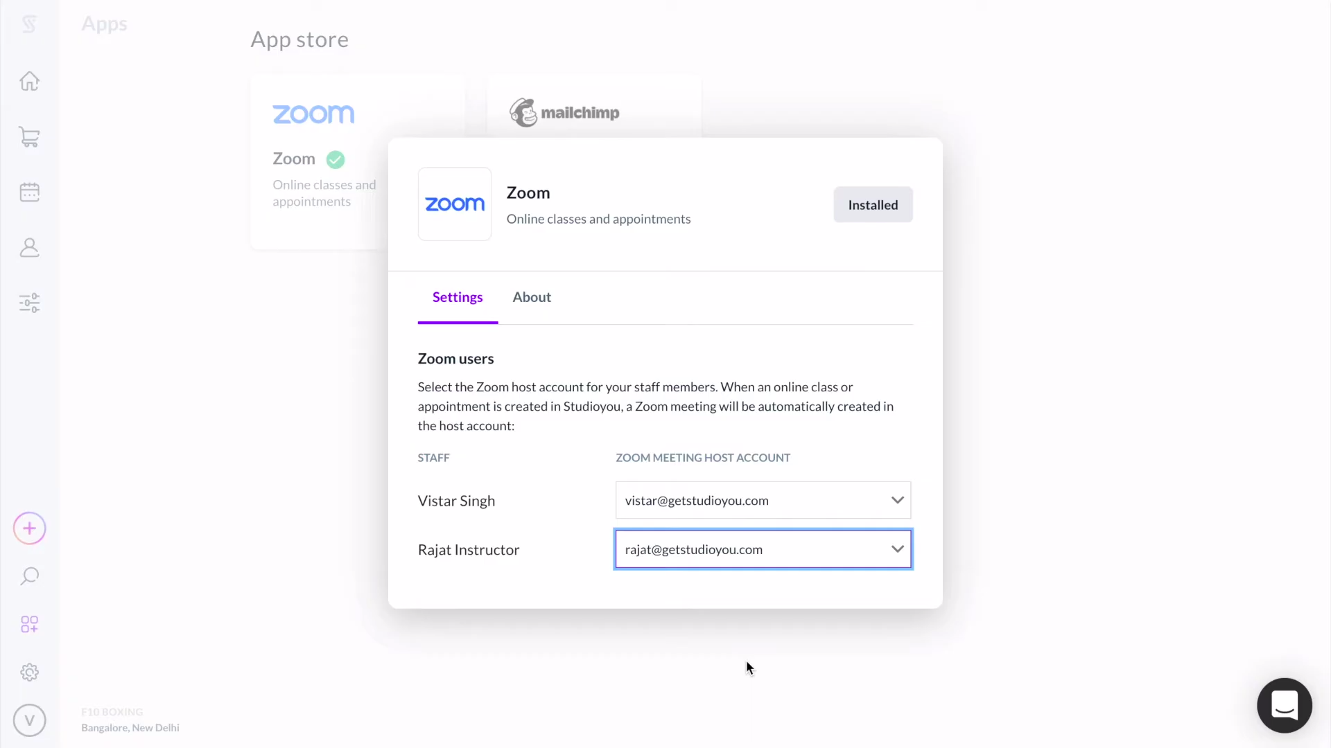 Bookee's native zoom integration with options to add fitness trainers as live class hosts