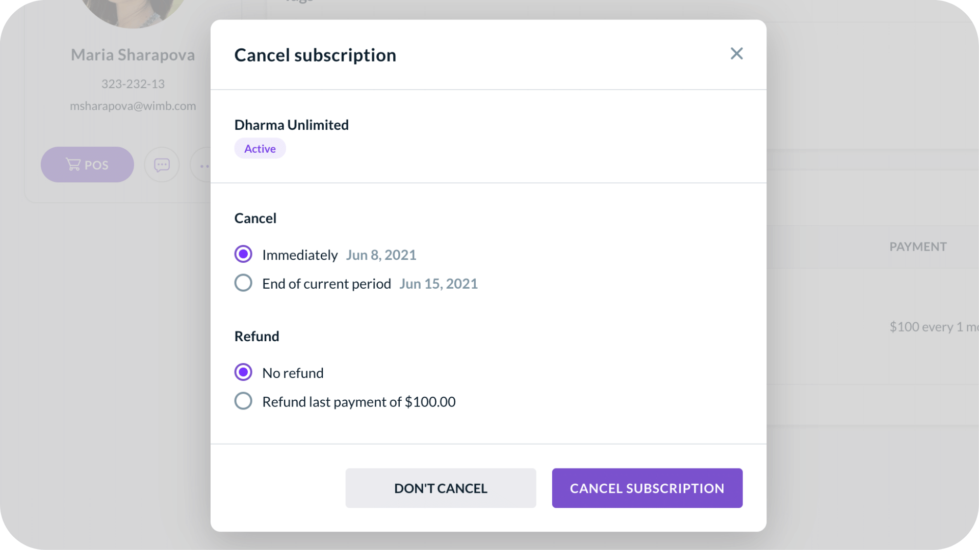 Bookee's customer profile with option to cancel a susbcription immediately
