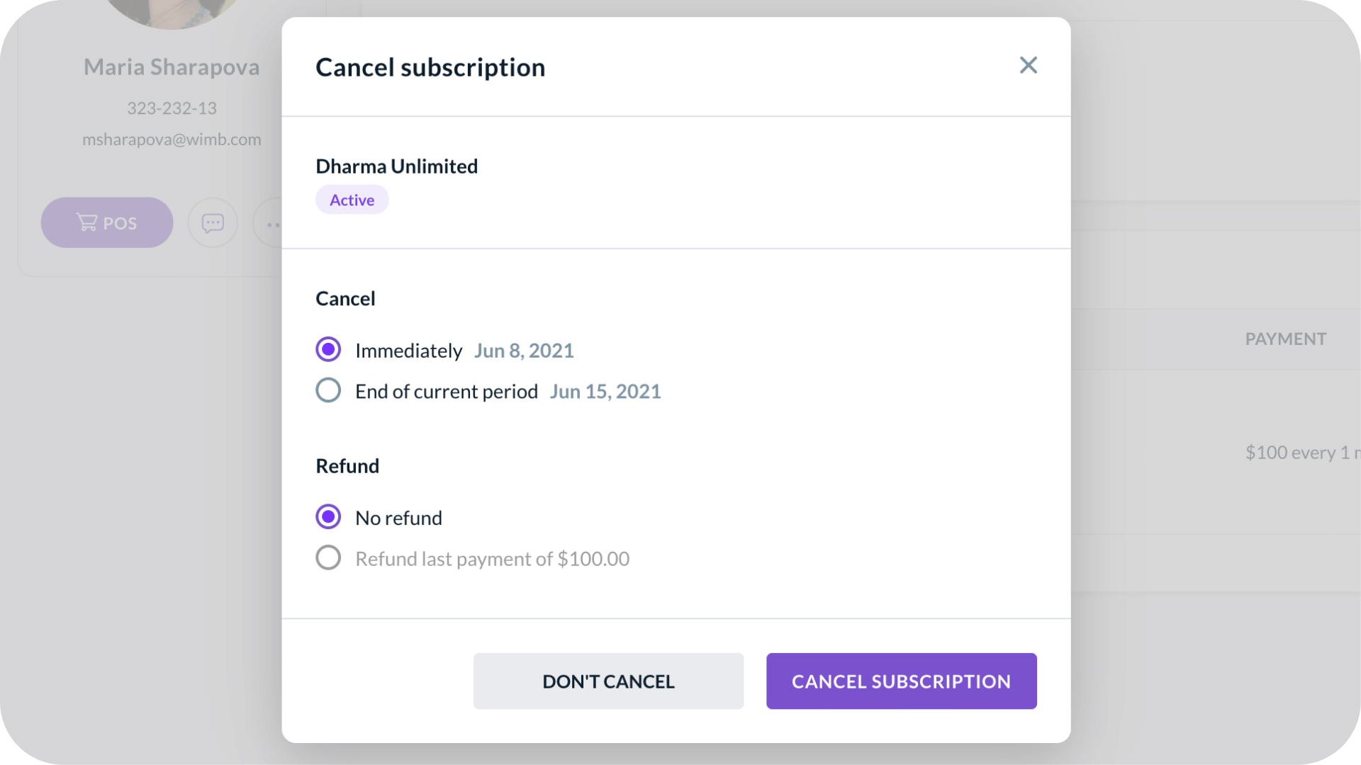 Bookee's customer profile with option to cancel subscription and customize refund options