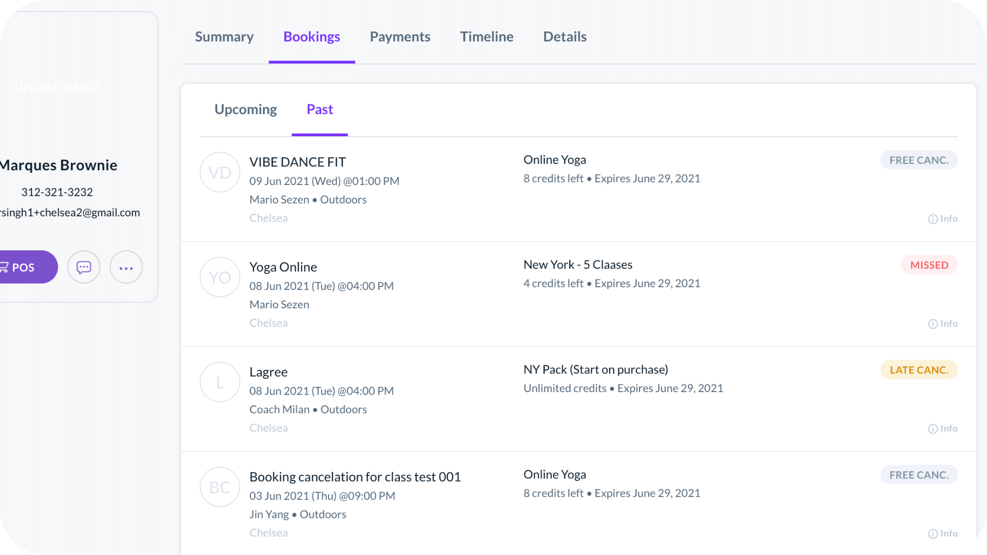 Membership information readily available under customer profile in bookee software