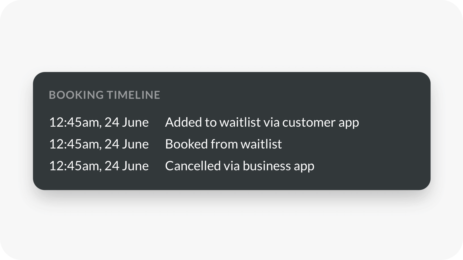 Beta testing view of client's booking timeline available in every customer's profile