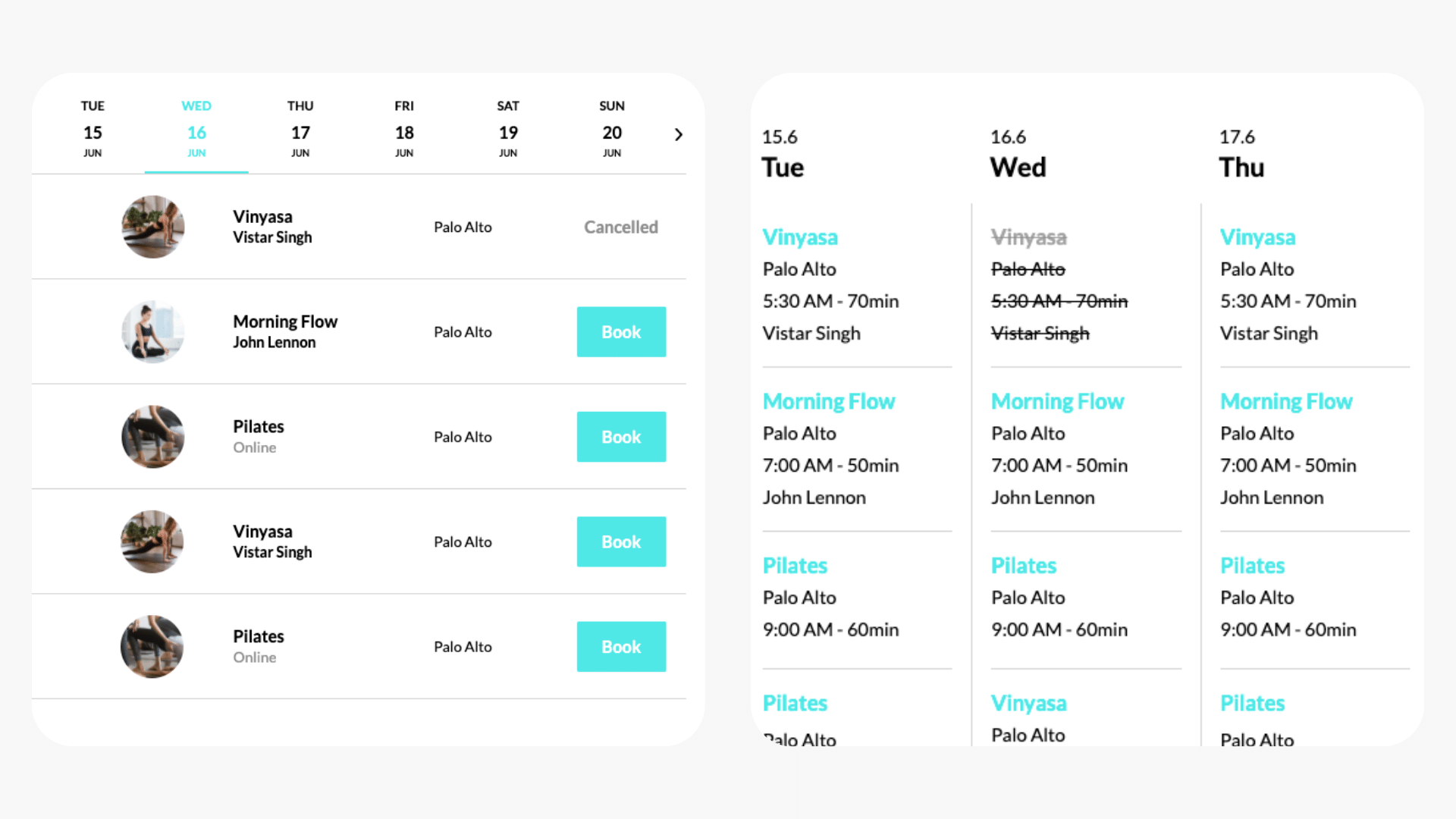 Bookee's website class schedule with a cancelled class instance which has its booking disabled