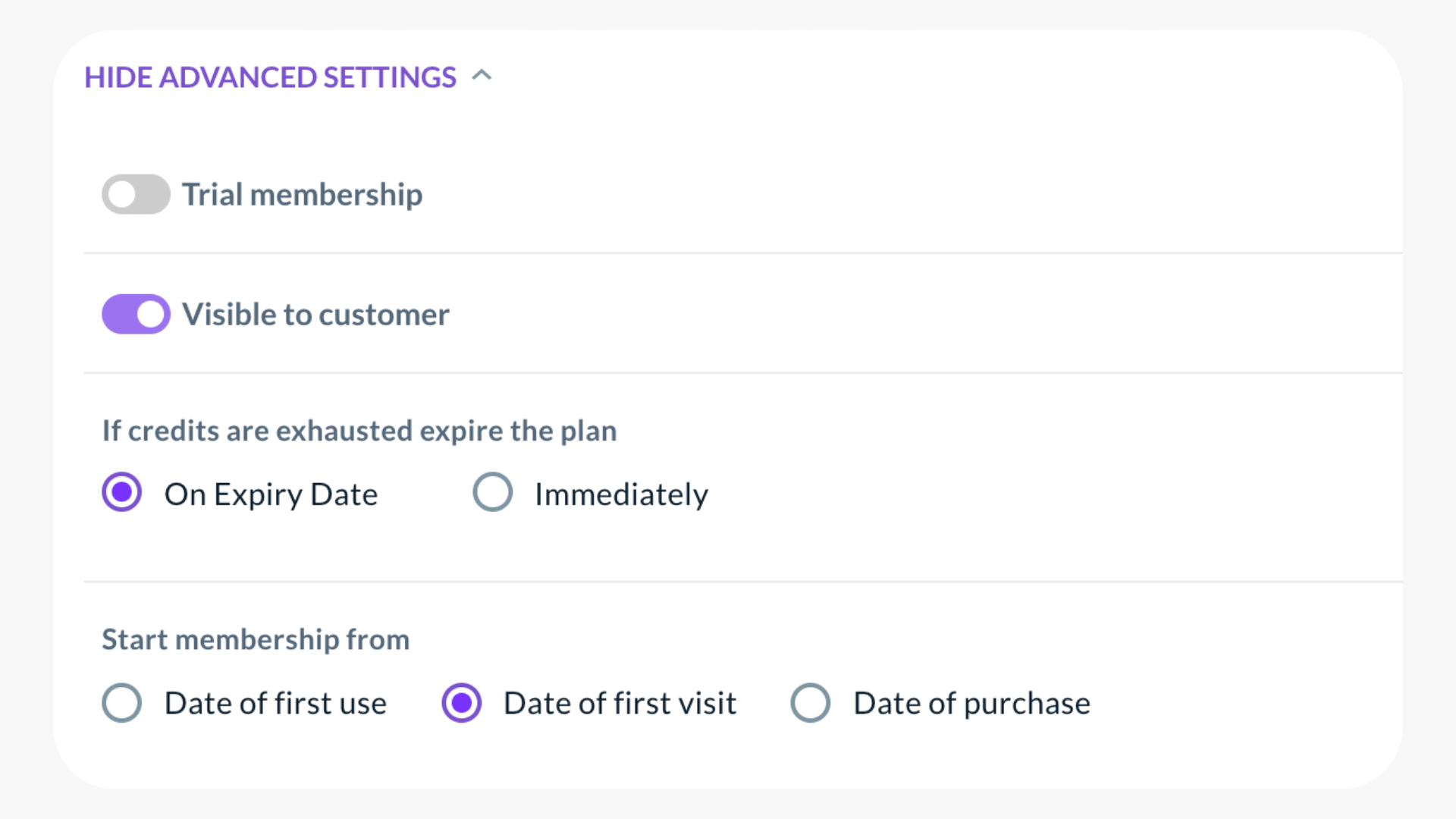 Advanced settings for credit packs to make them start on the day when first class is attended