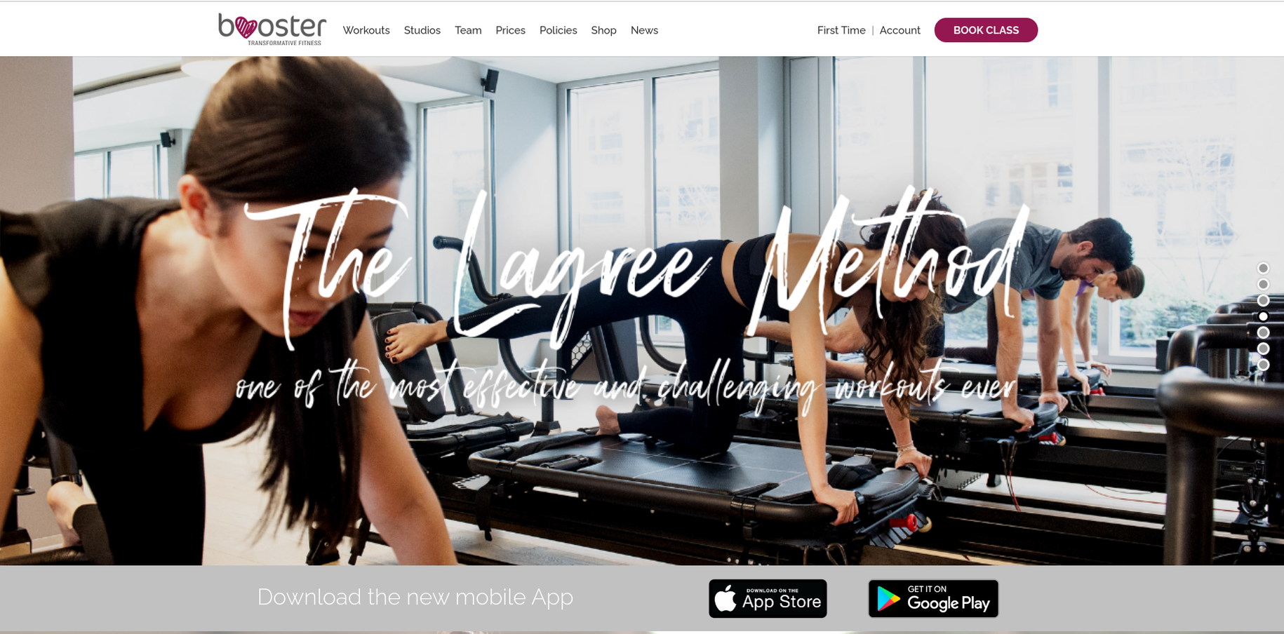 Booster Transform's home page offering its Lagree method as a effective & challenging workout