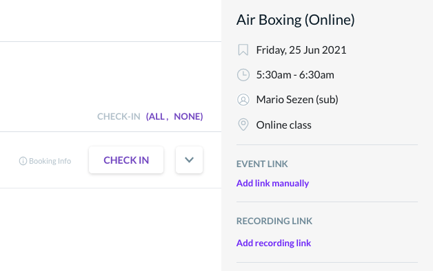 Bookee's class option to add a pre-recorded video link before class