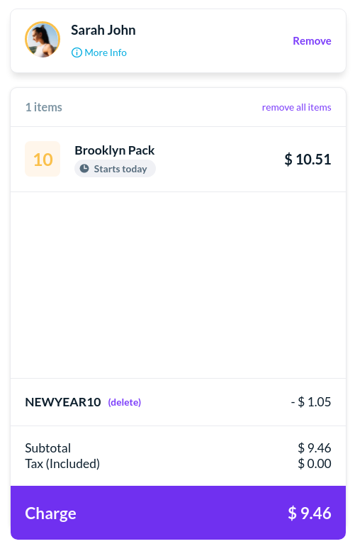 Bookee's point of sale with class pack in checkout basket.