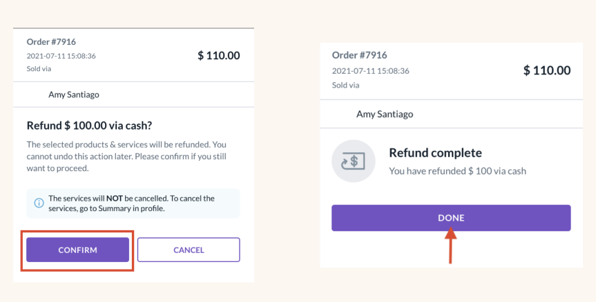 Option to refund client for a previous order.