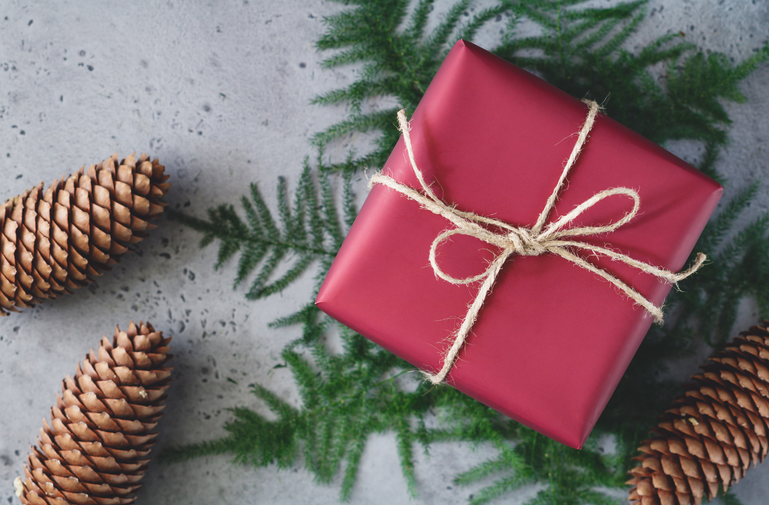 Red gift box decoratively wrapped with pinecones around.