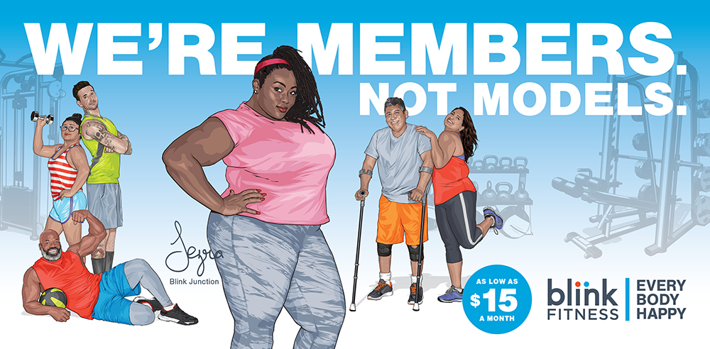 Blink fitness ad showing everyday people encouraging inclusive fitness.
