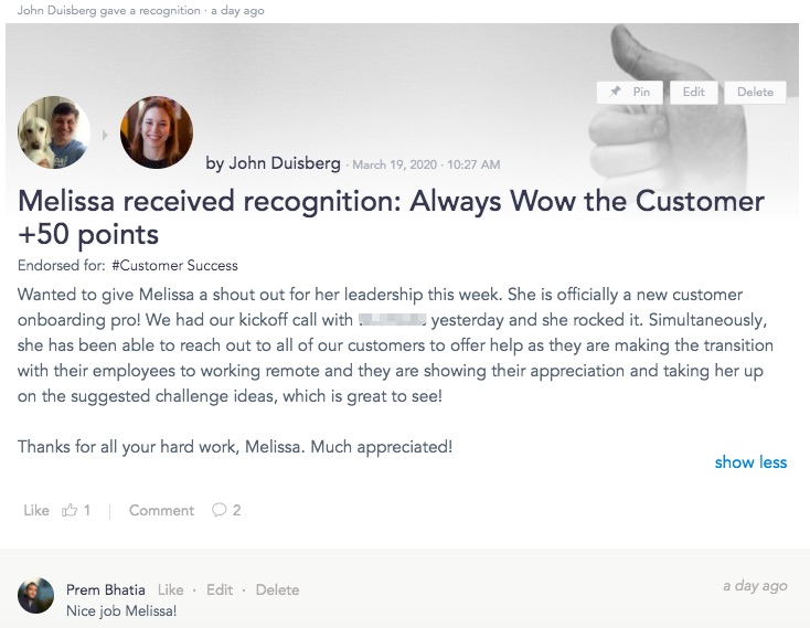 Manager to staff recognition for customer service