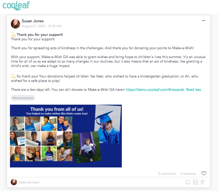 Cooleaf thank-you to employees who participated in the Make-a-Wish virtual giving campaign
