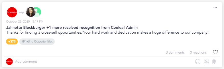 Cooleaf peer recognition for leading behaviors