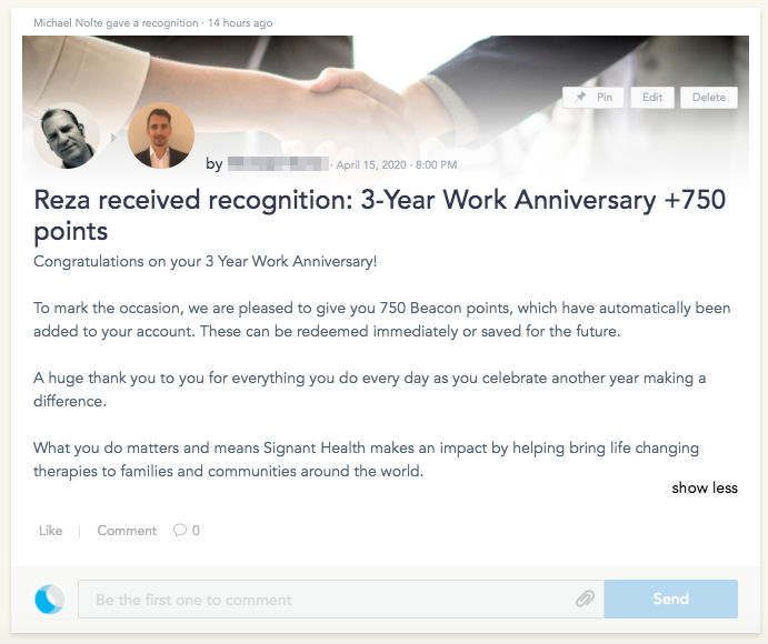 Employee work anniversary recognition and custom thank-you message