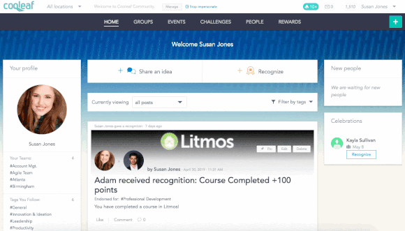 Cooleaf rewards for employee milestones and achievements