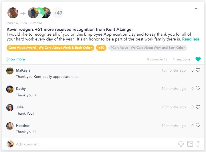 Personalized thank-you message to staff and employees