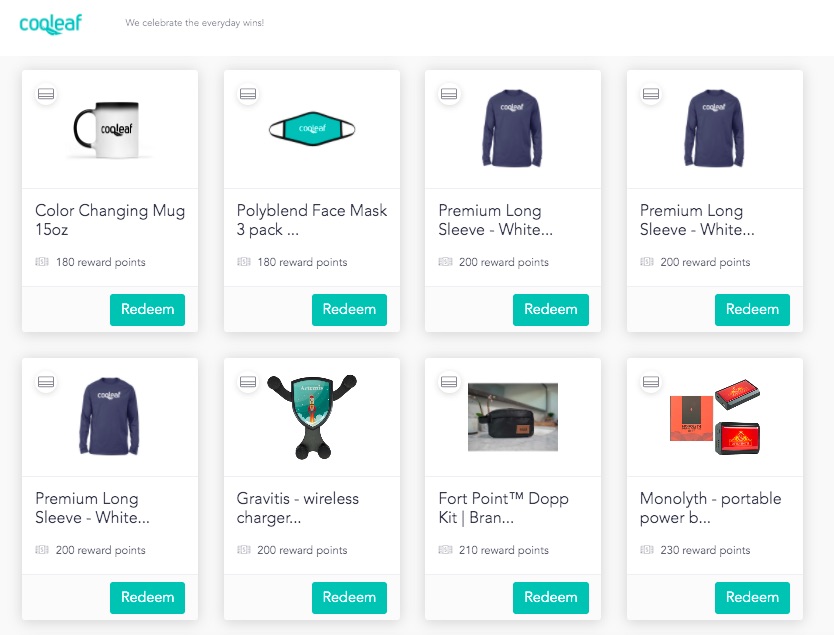 Custom rewards catalog on the Cooleaf platform: coffee mugs, face masks, shirts, and more