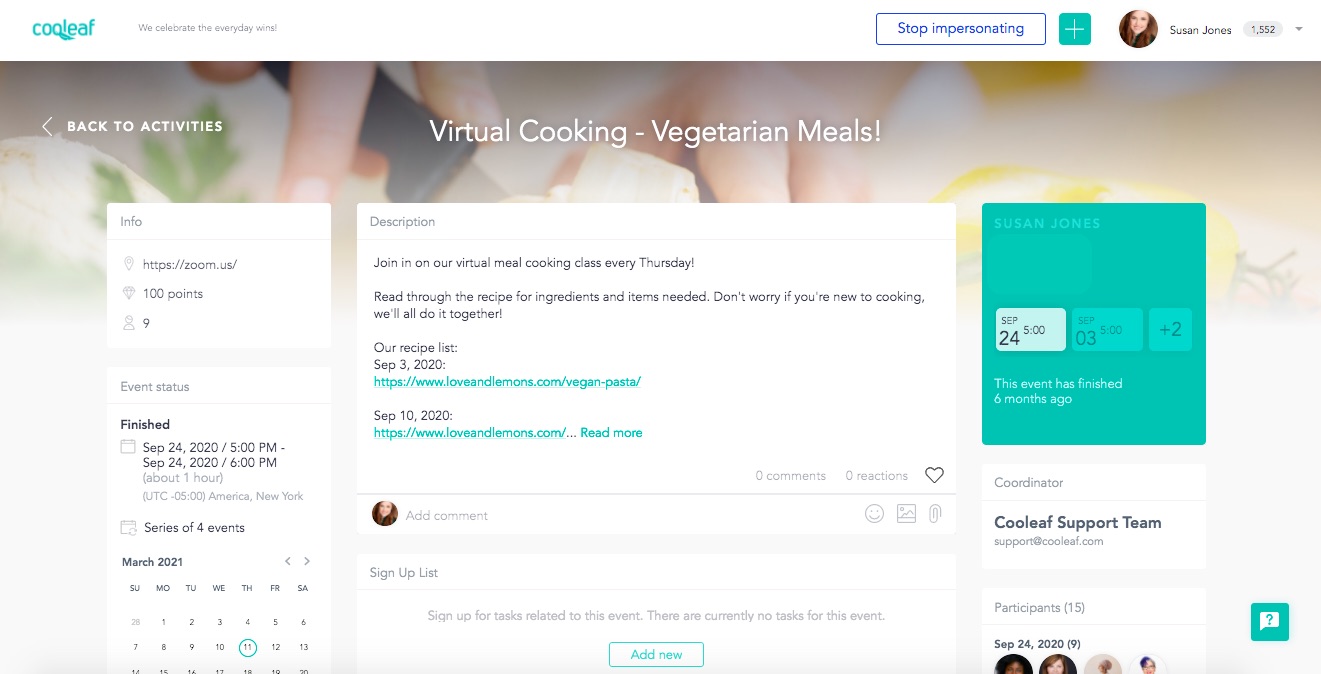 Virtual cooking class on Cooleaf