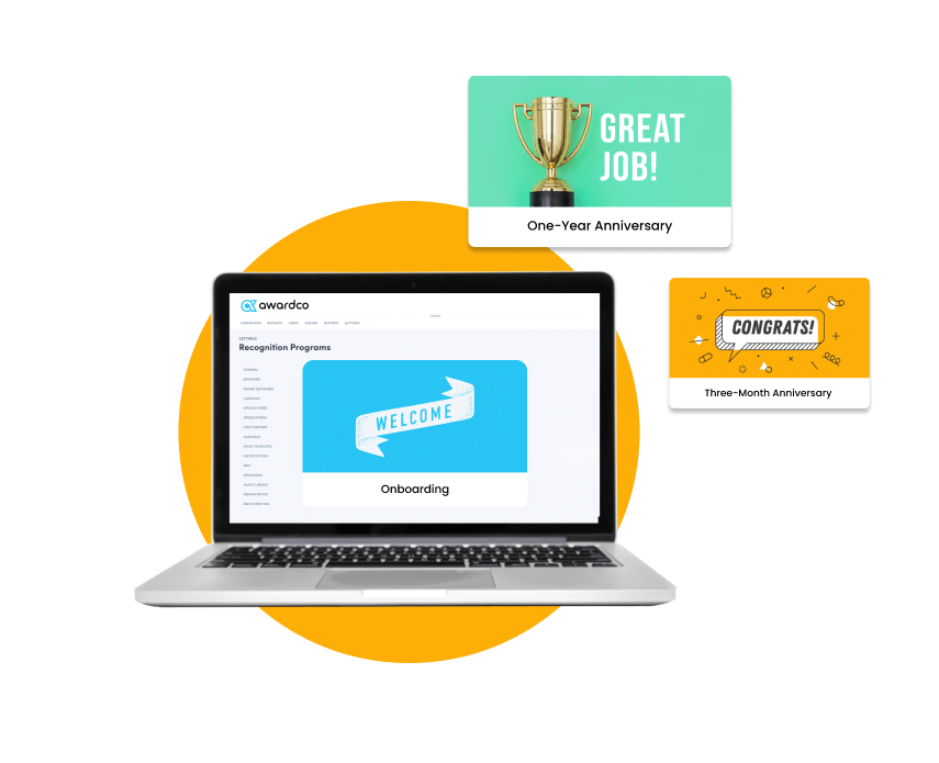 Laptop shows Awardco platform with emails for onboarding and service anniversaries.