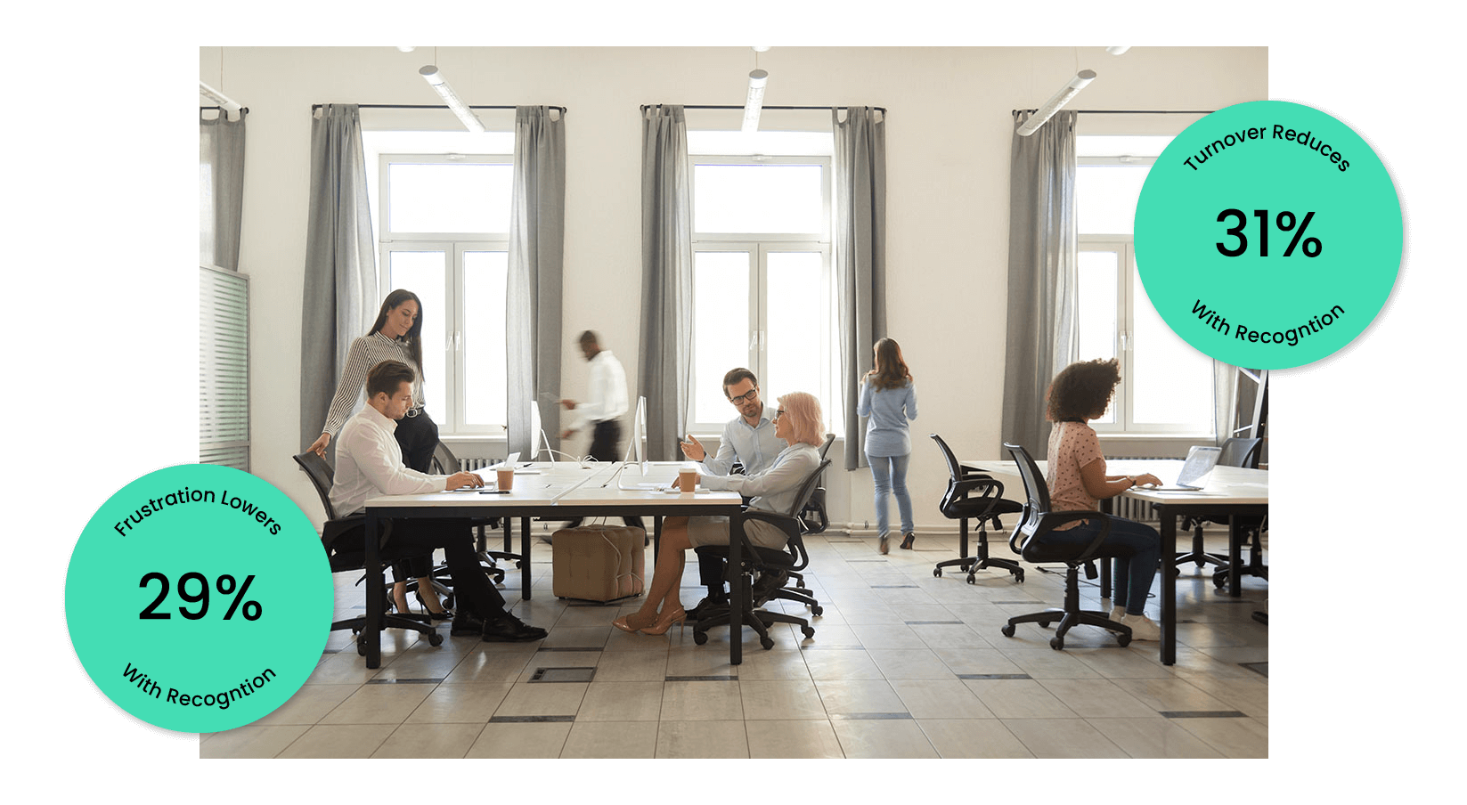 Photo of a workspace with statistics "Turnover reduces 31% with recognition" and "Frustration lowers 29% with recognition"